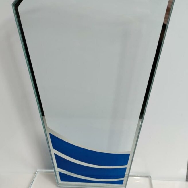 Glass Awards - Trophy with Blue or Red Waves and Silver Trophies  Trim 4mm Thickness - 20cm (8")