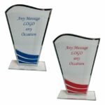 Glass Awards - Trophy with Blue or Red Waves and Silver Trophies  Trim 4mm Thickness - 20cm (8")