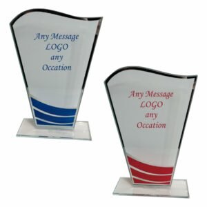Glass Awards - Trophy with Blue or Red Waves and Silver Trophies  Trim 4mm Thickness - 20cm (8")