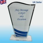 Glass Awards - Trophy with Blue or Red Waves and Silver Trophies  Trim 4mm Thickness - 20cm (8")