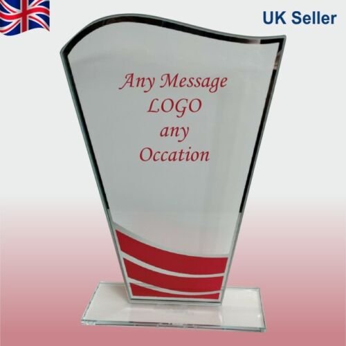 Glass Awards - Trophy with Blue or Red Waves and Silver Trophies  Trim 4mm Thickness - 20cm (8")