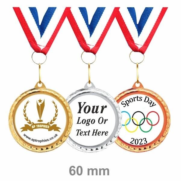 Personalised School Sports Day Medals + Ribbon + Your Own Logo (Pack of 5))
