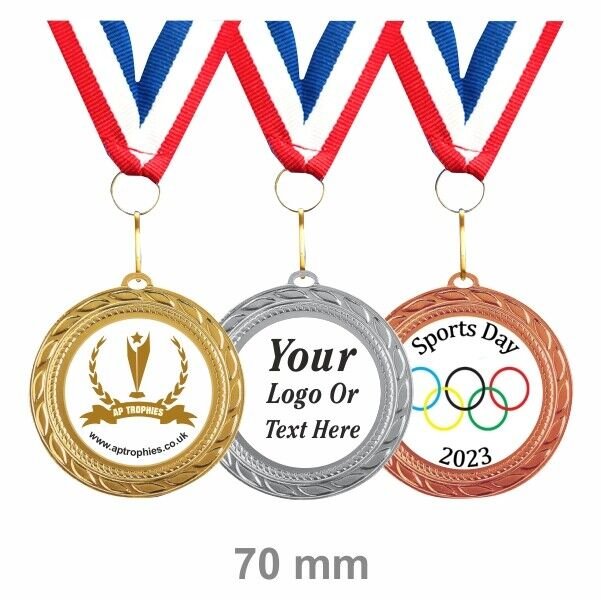 Personalised School Sports Day Medals + Ribbon + Your Own Logo (Pack of 5))