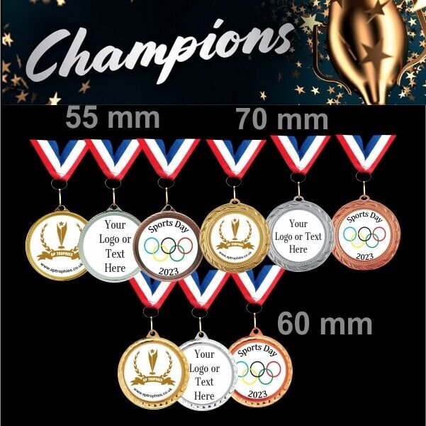 Personalised School Sports Day Medals + Ribbon + Your Own Logo (Pack of 5))