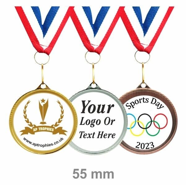 Personalised School Sports Day Medals + Ribbon + Your Own Logo (Pack of 5))